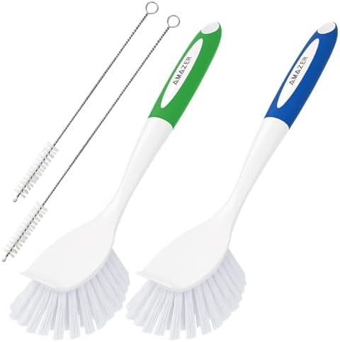 Amazer Dish Brush with Handle, Kitchen Scrub Brushes for Cleaning, 2 Pcs Straw Cleaner Brushes for Water Bottle, 2 Pcs Dish Scrubber with Stiff Bristles for Sink by Amazer