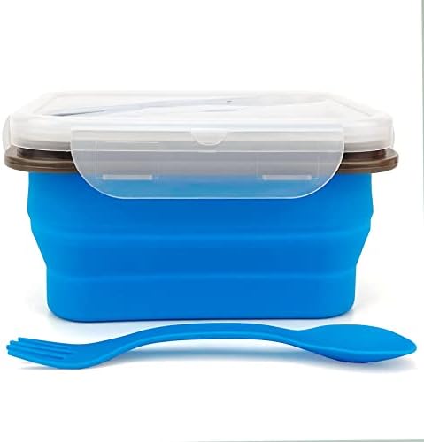 Small Silicone Collapsible Snacks Container with lid and 2 in 1 Spoon & Fork, Food Grade Silicone Bento Lunch Container, For Leftovers Meal Prep, Microwave/Freezer/Dishwasher Safe, 700ml by Lunbengo