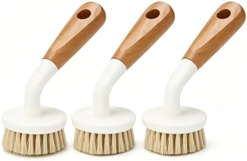 3pcs Wooden Dish Brush,Natural Sisal Bristle Kitchen Scrubber | Short Medium Long Wood Handle Brush,Eco Friendly Non Scratch Pot Cleaner (3‑Pack Short Round‑Head) by Unknown