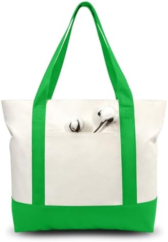 TOPDesign 3-Pack Canvas Tote Bags with an External Pocket, Reusable Grocery Shopping Bags, Top Zipper Closure, Daily Essentials (Lime Green/Natural) by TOPDesign