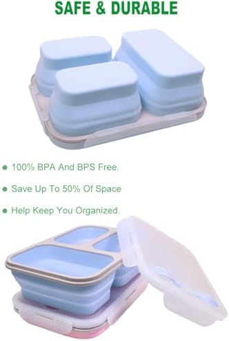 2 Pack Big Collapsible Silicone Bento Lunch Boxes With Lids spoons forks,3 Compartments, Divided Lunch Food Storage Containers, Safe in Microwave, Dishwasher and Freezer, 45.6oz, (Pink+Blue) - Image 5