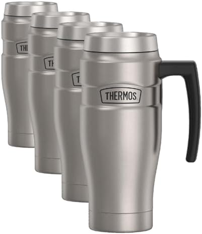 THERMOS Stainless King Vacuum-Insulated Travel Mug with Handle-16oz,Matte Steel-Thermos Tumbler for Hot&Cold Drinks-Leak-Proof&Sweat-Proof Stainless Steel Coffee Mug with Lid for Commuting,(Pack of 4) by Thermos