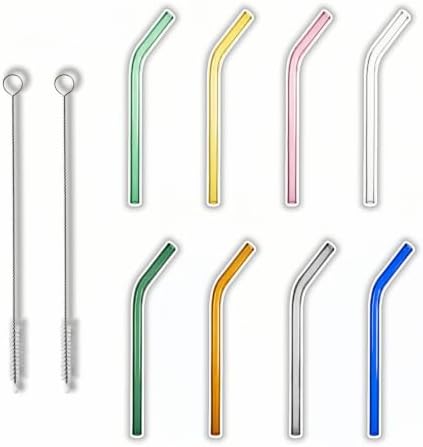 8 Pack Reusable Bent Glass Straws, 8 Inch Food Grade Heat Resistant, BPA FreeLead-Free Multicolor Glass Straws for Smoothie Milkshake Juice Cocktail Tea Hot Drinks, with 2 Cleaning Brushes by Unknown