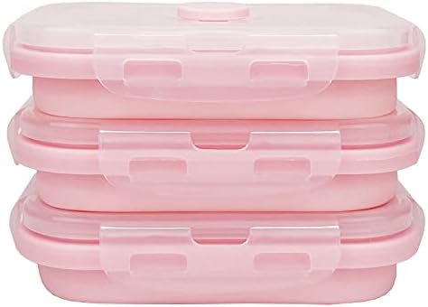 CCyanzi 3piece Collapsible Food Storage Containers with Lids, Silicone Lunch Container, Microwave & Freezer Safe, Space Saving for Kitchen Cabinet and Camping Backpack,(pink) by CCyanzi