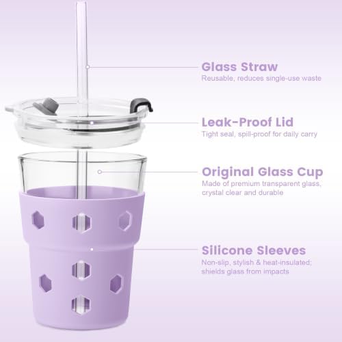 Mrsdry 12oz Iced Coffee Cup with Lids and Straws, BPA Free Reusable Glass Coffee Cups with Silicone Sleeves for Coffee, Iced tea, Thick Wall Glass Cup - Image 4