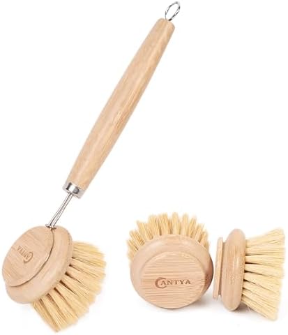 Bamboo Scrub Brush with Handle - Soft Bristles Non Toxic Dish Brush Compostable & Biodegradable Bamboo Dish Scrubber for Cookware Bowls and Plates Non-Stick Pans by ANTYA