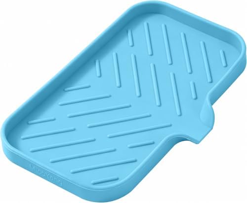 MicoYang Silicone Soap Dish with Drain Spout — Self-Draining Sink Organizer Tray for Bathroom & Kitchen, Sponges, Dispensers & Soap Holder, Non-Slip & Dishwasher Safe, Light Blue (Medium, 9.6"×5.3") by MicoYang