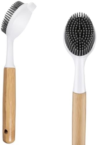 Bamboo Dish Brush with Handle – Kitchen Dish Brush with Nylon Bristles by ZYLARK