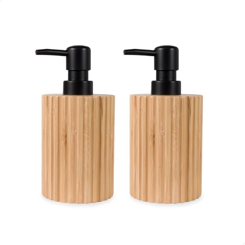 Ribbed Bamboo Soap Dispenser, Natural Finish Black Pump 2 Pack by ABBINIMO