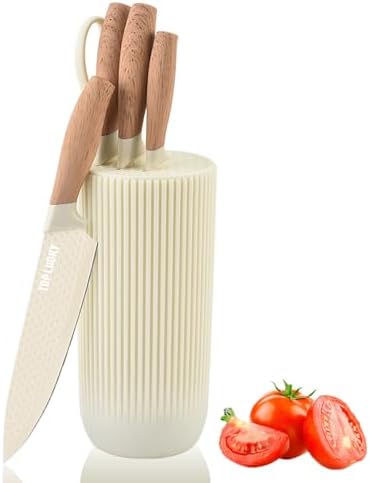 Knife Set, Wiztoynia 6-Piece Beige Kitchen Knife Set for Home, Anti-Rust Non-stick Stainless Steel Sharp Chef Knife Set with Universal Knife Block for Kitchen, Ergonomical Design (Beige) by Wiztoynia