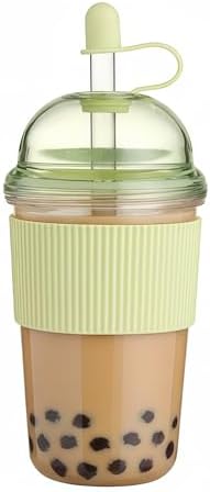 Reusable Ices Coffee Cups with Lids and Straws 17oz, Boba Cup with Straw, Tumbler with Silicone Sleeve for Cold Drinks, Iced Coffee, Bubble Tea Green by kuoleopa