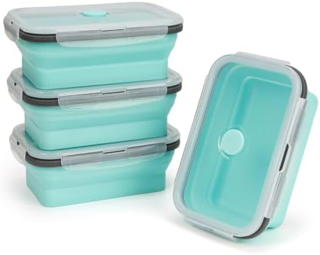 Collapsible Silicone Food Storage Containers Set with Lid & Air Vent,Foldable Lunch Containers(4PCS,Light Turquoise,27oz) by SiliseaDirect