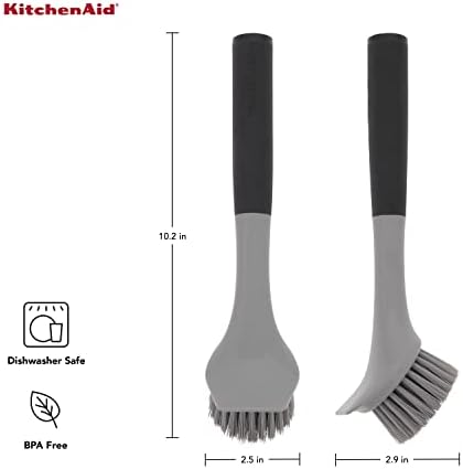 Kitchenaid Cast Iron Sink Brush to Preserve Seasoning on Cast Iron and Grills, Nylon Bristles and Soft Touch Handle for Optimal Control, Dishwasher Safe, Black and Gray - Image 2