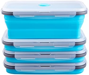 Collapsible Food Storage Containers with Airtight Lid & Air Vent, 40.5 oz, Kitchen Stacking Silicone Collapsible Meal Prep Container Set for Leftover, Microwave Freezer Dishwasher Safe, Blue, Set of 4 by Annaklin