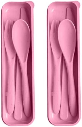 Pink Utensil set Travel Silverware with Case, 2 Sets Reusable Utensils Set with Case, Wheat Straw Utensils for Lunch Box Accessories, Camping Utensils for Work Lunch or Daily Use (Pink) by HMDZMR