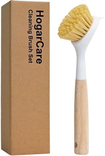 Dish Brush with Handle Wood Built-in Scraper, Scrub Brush for Pans, Pots, Saucepan, Kitchen Brushes for Sink and Stove, Yellow by Unknown
