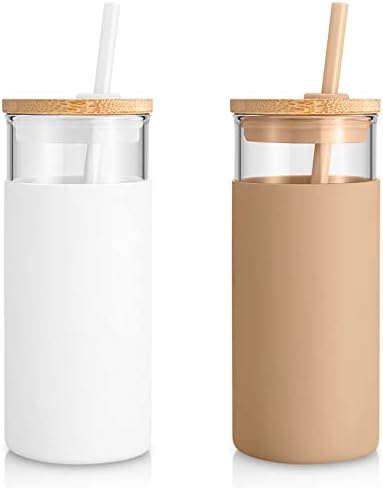 Tronco 20 oz Glass Tumbler with Lids and Straws, Reusable Iced Coffee Cups by Tronco