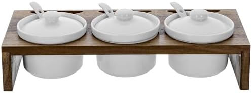 MyGift 10 Pcs Condiment Pot Serving Dish Set, Hosting Essentials, Premium Acacia Solid Wood Raised Display Server Tray and 3 Ceramic Ramekin Dip Bowls with Lids and Spoons - Image 7