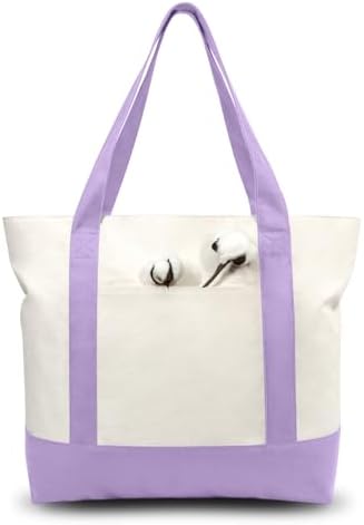 TOPDesign 1-Pack Canvas Tote Bag with an External Pocket, Reusable Grocery Shopping Bag, Top Zipper Closure, Daily Essentials (Lavender/Natural) by TOPDesign