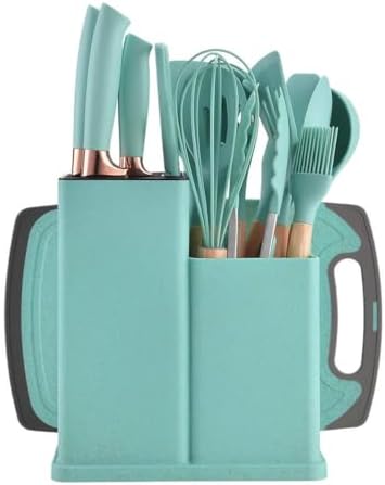 Kitchen Utensils Set & Knife Set with Block, 19 Piece All-in-One Cooking Set, 12 Nonstick Silicone Utensils + 5 Sharp Stainless Steel Chef Knives + Cutting Board, Dishwasher Safe Gift Set (Teal) by Eco+Tiger