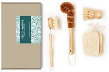Plant-Based 6pcs Kitchen Brush Set by HELLO NATURE, Sustainable & Biodegradable Natural Fibre Bamboo Dish Brush,Bottle Brush,Pot Brush & 3 Natural Loofah Sponges, Zero-Waste,Plastic Free Kitchen Set - Image 2