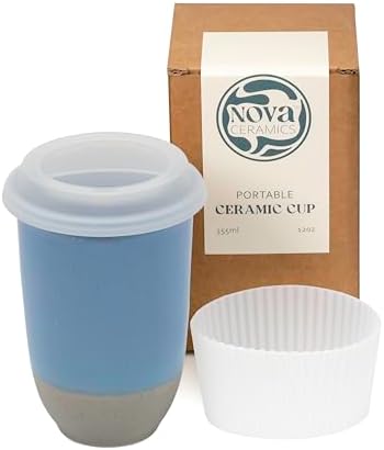 NOVA CERAMICS Travel Mug - Ceramic Coffee Mug With Lid – Microwave & Dishwasher Safe Coffee White & Grey Tumbler - Fits In Cup Holder – 12oz – Coastal Drift by NovaCeramics