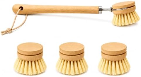 Natural Bristle Dish Brush with 3 Refill Heads, Long Handle by Jenzelix
