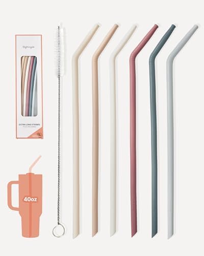 Nightingale 14” Silicone Tumbler Straws - Compatible with Stanley 40 oz cup - Reusable Flexible Long Bendy Drinking Straw with Cleaning Brush for Tall Tumblers - Food-Safe - Set of 6 Oak by Nightingale
