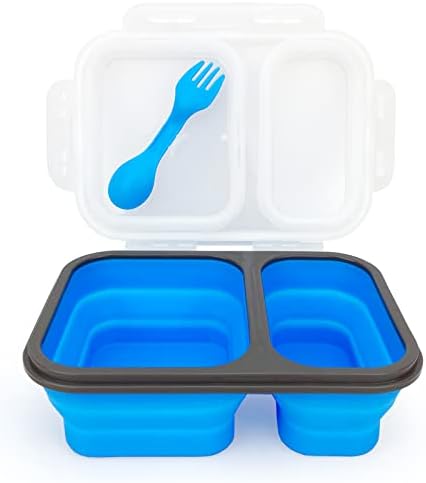 2 Compartments Collapsible Airtight Bento Box with Ideal Portion 600ml & 450ml and 2 in 1 Spoon & Fork, Food Grade Silicone Lunch Container for Adults Work Travel, Microwave Safe by Lunbengo