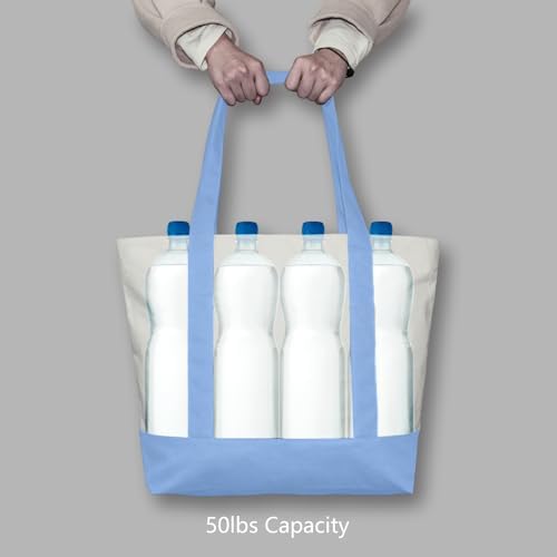 TOPDesign 1-Pack Canvas Tote Bag with an External Pocket, Reusable Grocery Shopping Bag, Top Zipper Closure, Daily Essentials (Light Blue/Natural) - Image 6