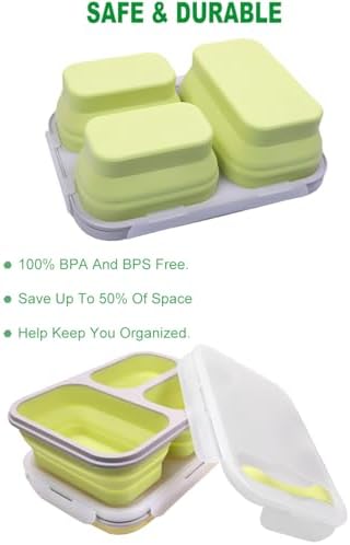 2 Pack Big Collapsible Silicone Bento Lunch Boxes With Lids spoons forks,3 Compartments, Divided Lunch Food Storage Containers, Safe in Microwave, Dishwasher and Freezer, 45.6oz (Yellow+Green) - Image 4