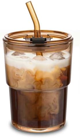 13oz Glass Iced Coffee Cups with Straw and Lid, Thick-Wall Glass Tumbler, Reusable Coffee Cup for Iced Coffee, Matcha, Cold Brew, Latte and Cold Drinks, Fits Car Cup Holders by MINGHYZYA