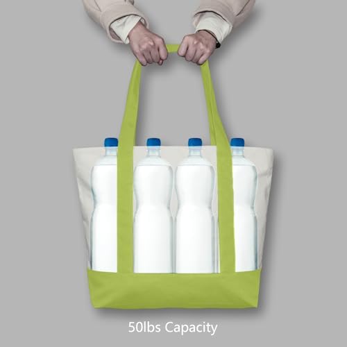 TOPDesign 1-Pack Canvas Tote Bag with an External Pocket, Reusable Grocery Shopping Bag, Top Zipper Closure, Daily Essentials (Light Green/Natural) - Image 6