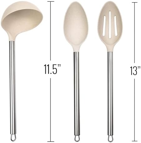 Beille 3pc Wheat Straw Spoons and Ladle Set Cooking Baking Kitchen Utensils, Cream - Image 2