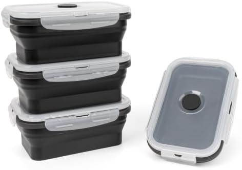 Collapsible Silicone Food Storage Containers Set with Lid & Air Vent,Foldable Lunch Containers(4PCS,Black,17oz) by SiliseaDirect