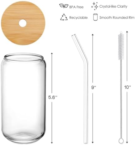 Drinking Glasses with Bamboo Lids and Glass Straw 4pcs Set - 16oz Glass Cups, Iced Coffee Glasses, Cute iced Tea Glasses, Beer Glasses, Ideal for Coffee Bar Accessories, Aesthetic Gift - 2 Brushes - Image 6