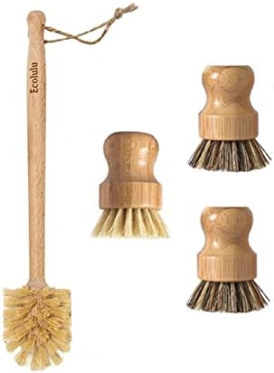 ECOLULU Bamboo Dish Brush Set & Wood Bottle Brush for Wide Mouth Bottles, Cups and Jars, (4 units total), Wooden Dish Brush, Biodegradable, Eco Friendly Products by Unknown