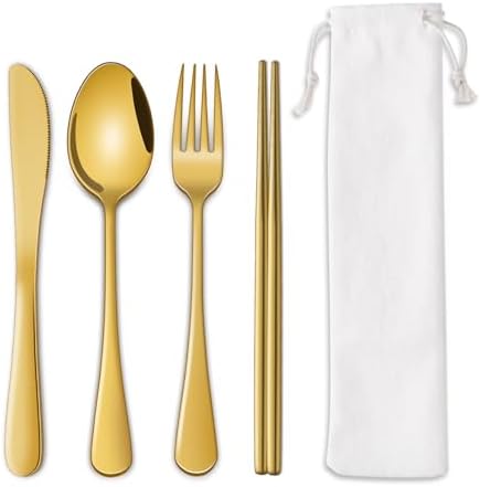 DEHOV Gold Travel Utensils Set With Pouch,Outdoor Camping Silverware Set For Picnic Gadgets,Set Of 5 Portable Cutlery Spoon And Fork Set With Case For Dining by DEHOVKitchen
