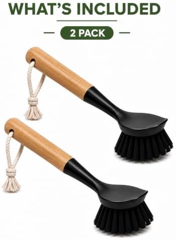 Kitchen Simple Bamboo Dish Brush with Built-in Scraper, 2 Pack Kitchen Brushes, Dense Black Bristles, Comfortable Grip, Hanging Rope, Scrub Brush for Pots, Pans, Dishes & Sink - Image 5