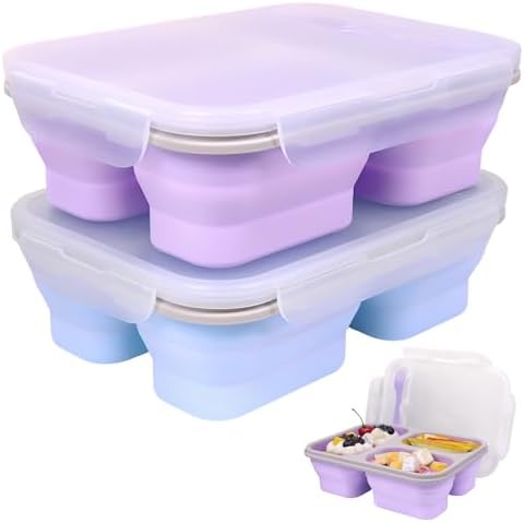Large Collapsible Silicone Bento Lunch Box, 2 Pack with 3 Compartments Each,45.6oz Food Storage Containers with Spoons Forks, Portable for Work, Picnic, Travel, BPA Free（Blue+ Purple） by Unknown
