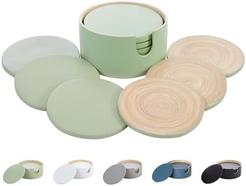 Spun Bamboo Coasters for Drinks - Coaster Set with Bamboo Wood Coasters and Coaster Holder. Modern Coasters for Coffee Table (Sage) by HABITAAS