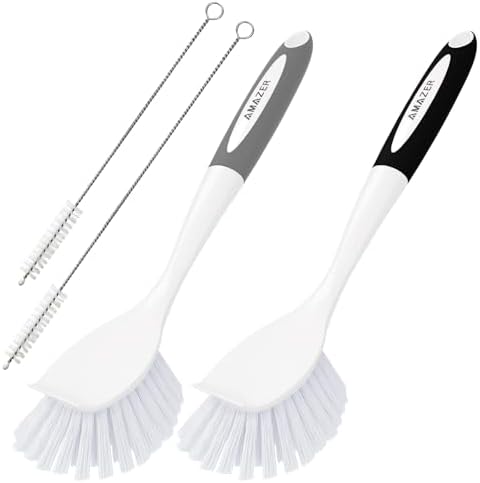 Amazer Dish Brush with Handle, 2Pcs Kitchen Scrub Brushes for Cleaning, 2Pcs Straw Cleaner Brushes for Water Bottle, Dish Scrubber with Stiff Bristles for Sink by Amazer