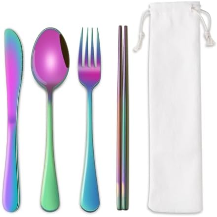 Rainbow Working Lunch Silveware Set,Reusable Travel Utensils Set With Case Includes Stainless Steel Chopsticks Knife Spoon And Fork,Camping Picnic Essentials by DEHOVKitchen