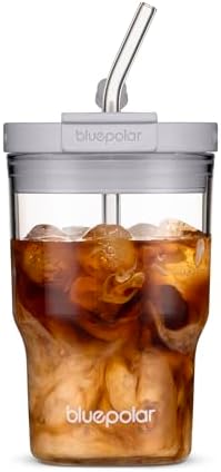 BLUEPOLAR Glass Cups with Lids and Straws,16oz/480ml Reusable Iced Coffee Glasses & Juice Bottles,Cold Brew Tumblers with Leakproof Lids,BPA-Free Glass Jars for Juicing,Matcha,Tea,Smoothie (Grey) by BLUEPOLAR