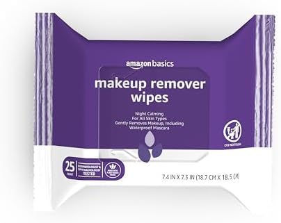 Amazon Basics Makeup Remover Wipes, Night Calming, Gentle Cleansing, Plant Based, Alcohol-Free, Removes Waterproof Mascara, Dermatologist Tested, 25 Count, 1-Pack by AmazonBasics