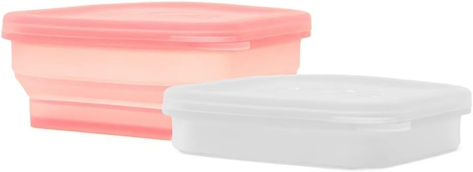 BYOB Premium Collapsible Silicone Food Containers with Attached Lids – Reusable To-Go & Leftover Containers, Platinum Silicone, Leak-Resistant – 2 Pack (White/Eco Rose Bundle) by BYOB