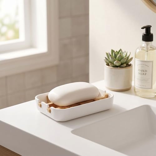 Bamboo Fiber Soap Holder and Soap Dish Combination, Removable Drainage Rack Bar Soap Tray for Bathroom Sink Deck, Bathtub, Shower & Kitchen (White, 1 Pack) - Image 4