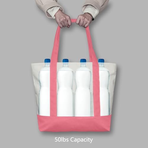 TOPDesign 6-Pack Canvas Tote Bags with an External Pocket, Reusable Grocery Shopping Bags, Top Zipper Closure, Daily Essentials (Rose Pink/Natural) - Image 6