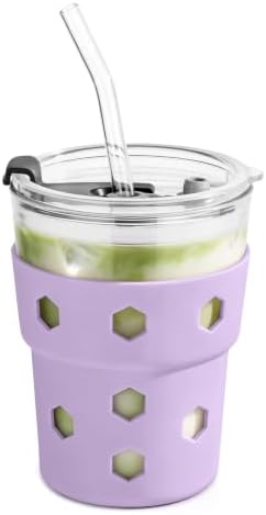 Mrsdry 12oz Iced Coffee Cup with Lids and Straws, BPA Free Reusable Glass Coffee Cups with Silicone Sleeves for Coffee, Iced tea, Thick Wall Glass Cup by Mrsdry