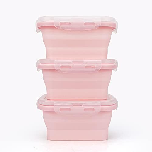 CCyanzi 3piece Collapsible Food Storage Containers with Lids, Silicone Lunch Container, Microwave & Freezer Safe, Space Saving for Kitchen Cabinet and Camping Backpack,(pink) - Image 2